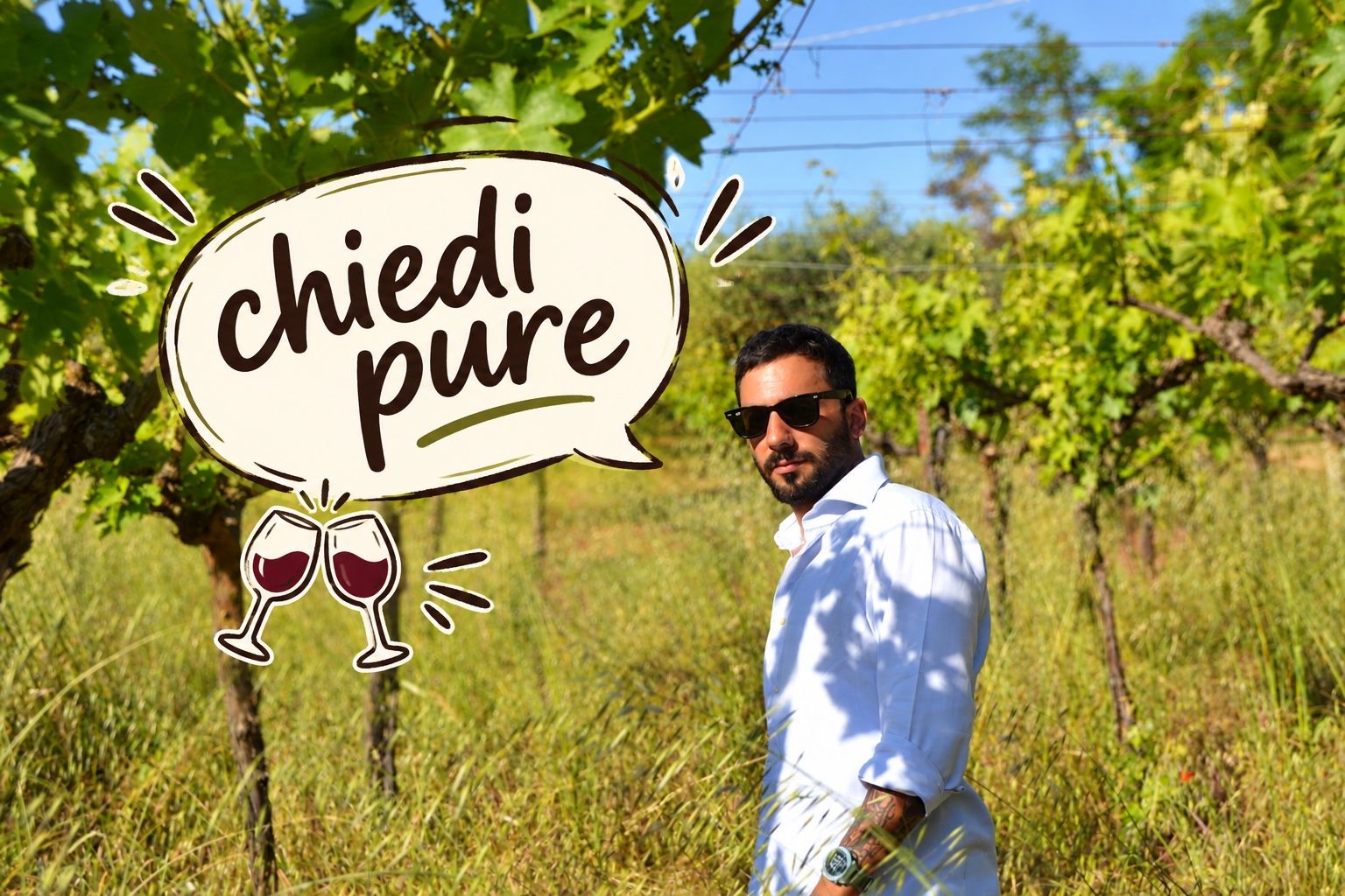 Alessandro Maestri tra i filari, accanto a un fumetto con scritto «chiedi pure» e due calici che brindano