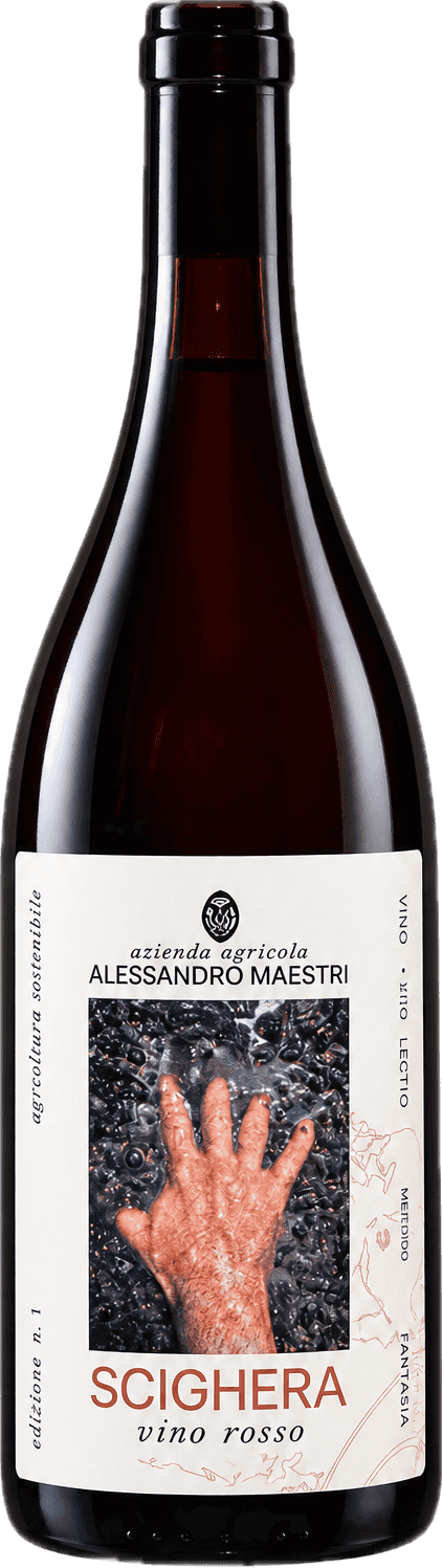 Bottiglia di Scighera, vino rosso, con l'etichetta dell'azienda agricola Alessandro Maestri